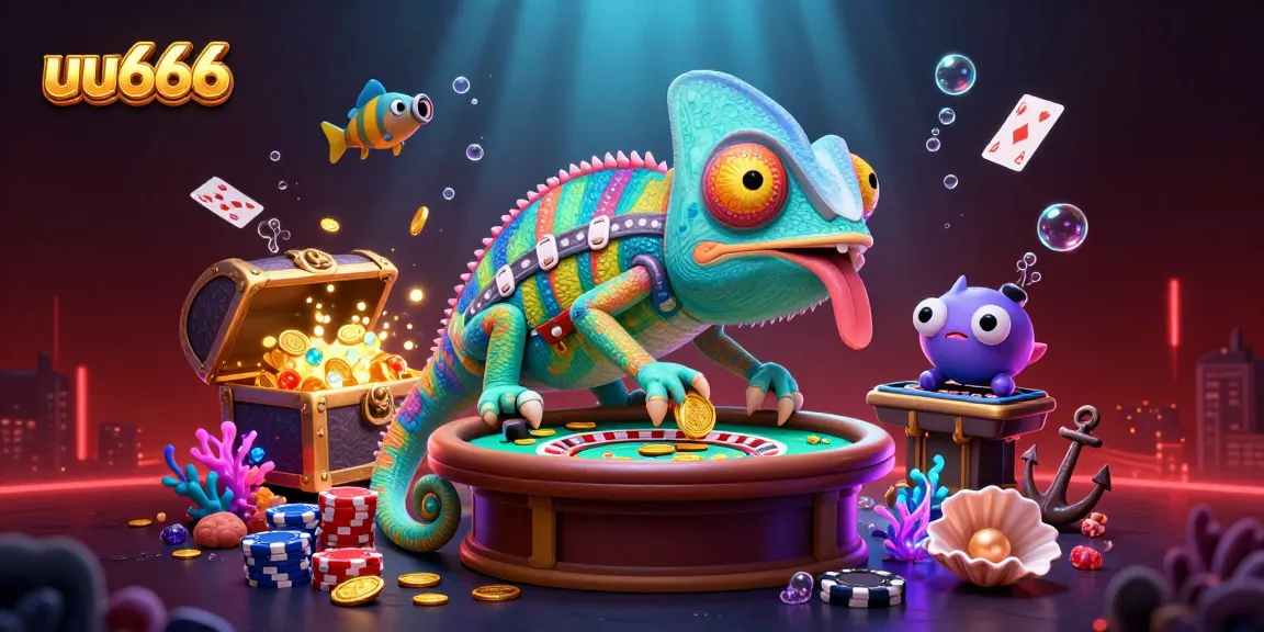 Experience thrilling gaming at uu666 with a vibrant chameleon casino owner amidst exciting underwater treasures.