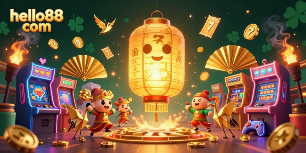 Experience the excitement at hello88 com with dynamic arcade games and golden casino symbols flowing around animated characters.