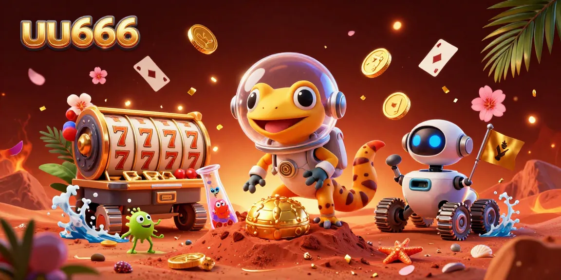 uu666 reveals an exciting alien casino scene with Martian gecko and slot reels for gamblers.