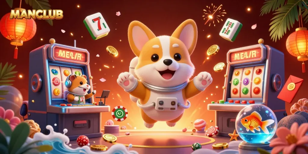 Experience thrilling gameplay at MANCLUB with vibrant slot machines and engaging 3D characters.