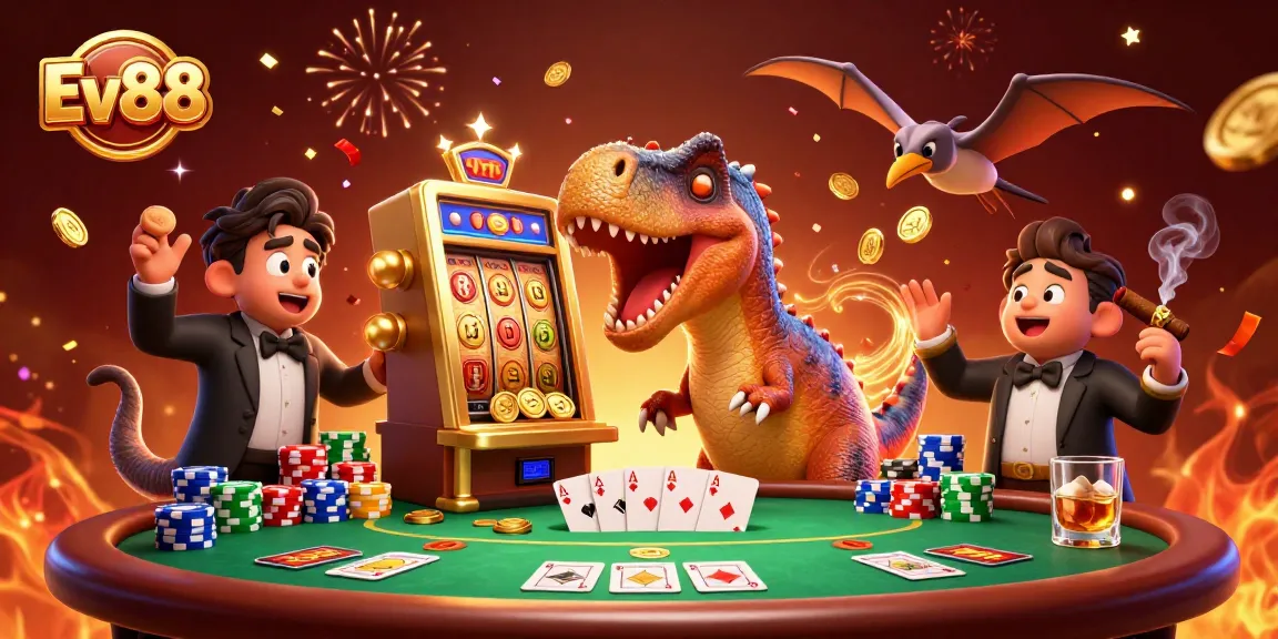 Ev88 pachycephalosaurus celebrates a jackpot at a vibrant casino scene, catching golden coins.