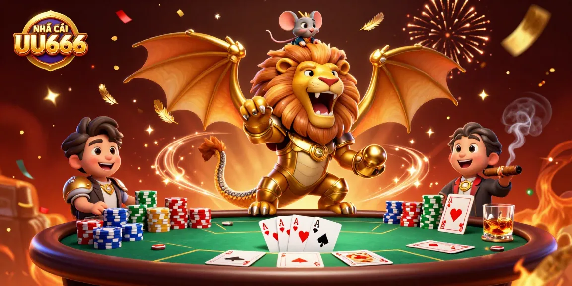 Engaging NHÀ CÁI UU666 illustration featuring a chimera creature amidst poker elements and celebration effects.