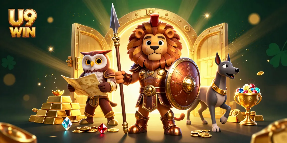 Experience the thrill of U9 WIN with a heroic Spartan lion, gold treasures, and casino elements!