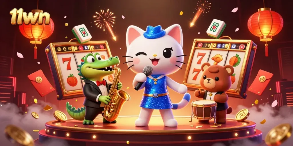Experience thrilling jackpot action with 11wn in a vibrant casino scene featuring animated characters.