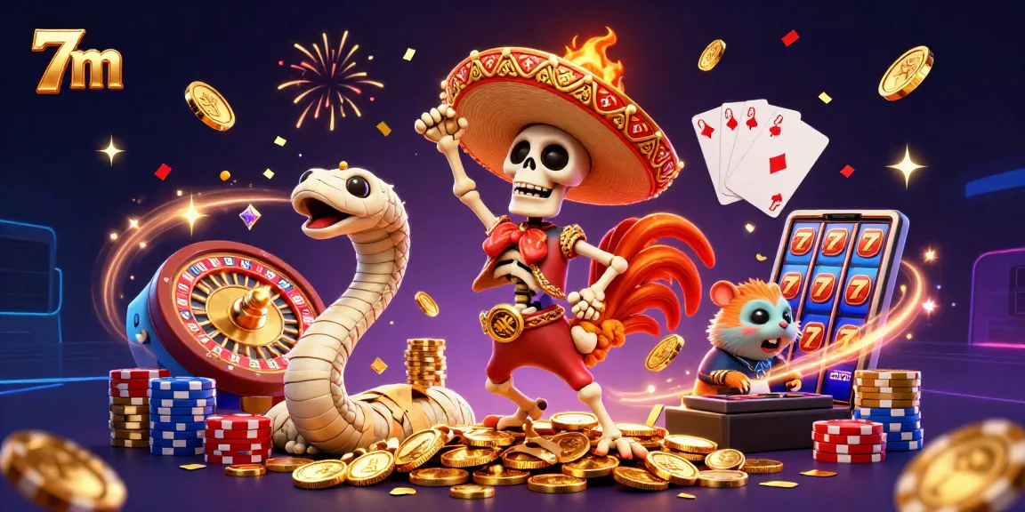 Win big at 7m with a vibrant scene featuring lively characters and exciting casino elements.
