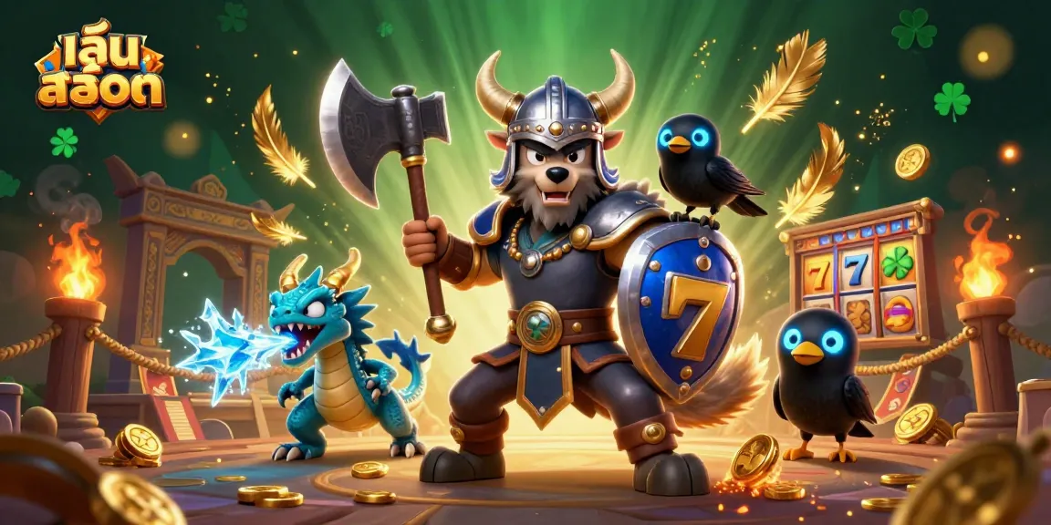 เล่นสล็อต in a vibrant 3D scene, featuring a Viking wolf warrior, a dragon, and a raven amidst casino elements.