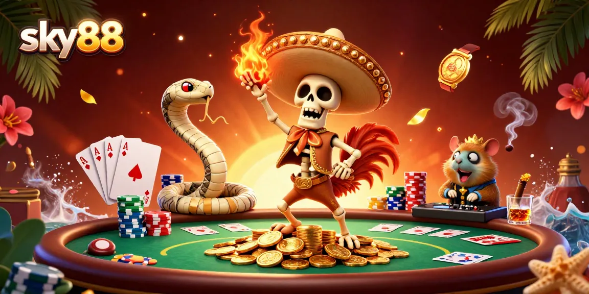 Engage with sky88's vibrant victory dance scene featuring dynamic characters and poker excitement.