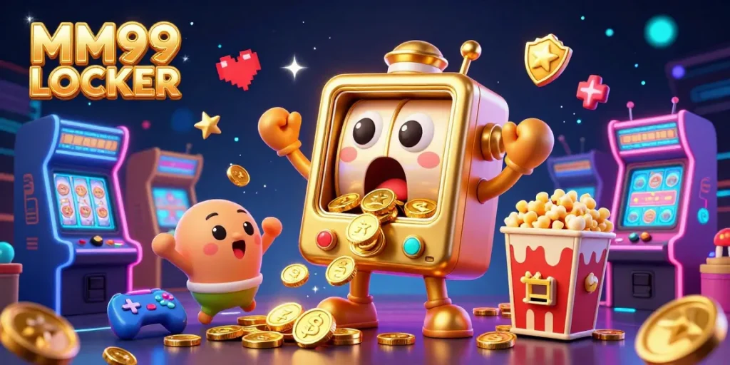 MM99 LOCKER slot machine winning jackpot while coins overflow, creating a vibrant casino scene with arcade elements.