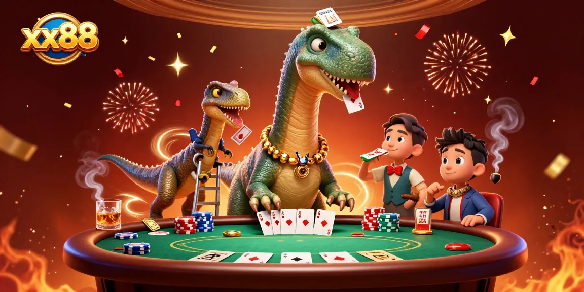 Engage in thrilling gameplay at xx88 with a whimsical 3D dinosaur poker scene.