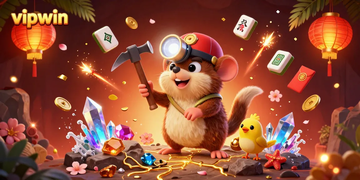 Experience thrilling gaming adventures at vipwin with a treasure hunter mole and glowing gems in a vibrant casino scene.