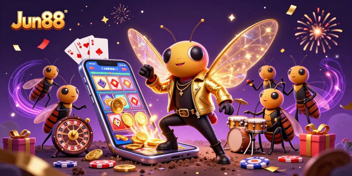 Experience the vibrant excitement of Jun88 with a 3D illustration of a dynamic casino party scene featuring a cicada rock star.