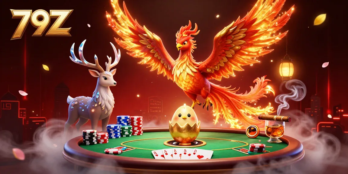 Experience the thrill of gaming with 79Z, featuring a soaring phoenix and vibrant casino elements.