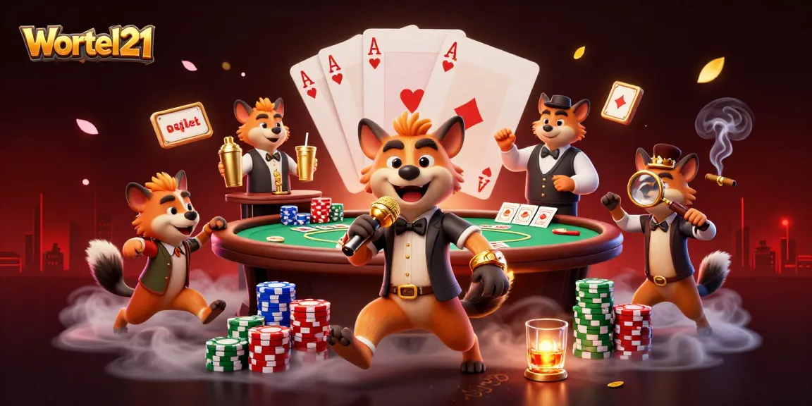 Wortel21 hyenas entertain in a vibrant casino scene with poker games and cocktails.