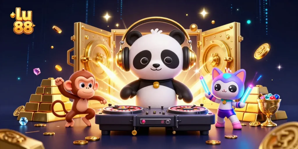 lu 88 showcases thrilling casino vibes with a DJ panda, dancing monkey, and rave kitten.
