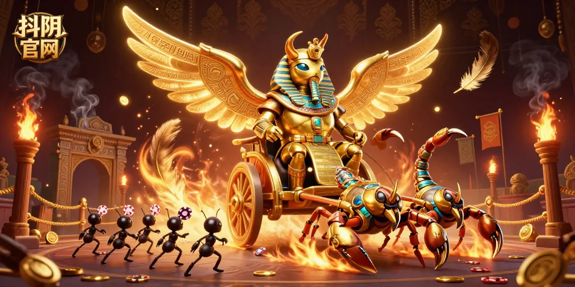 Experience thrilling gameplay at 抖阴官网 with dazzling golden illustrations of a pharaoh beetle and scorpions.