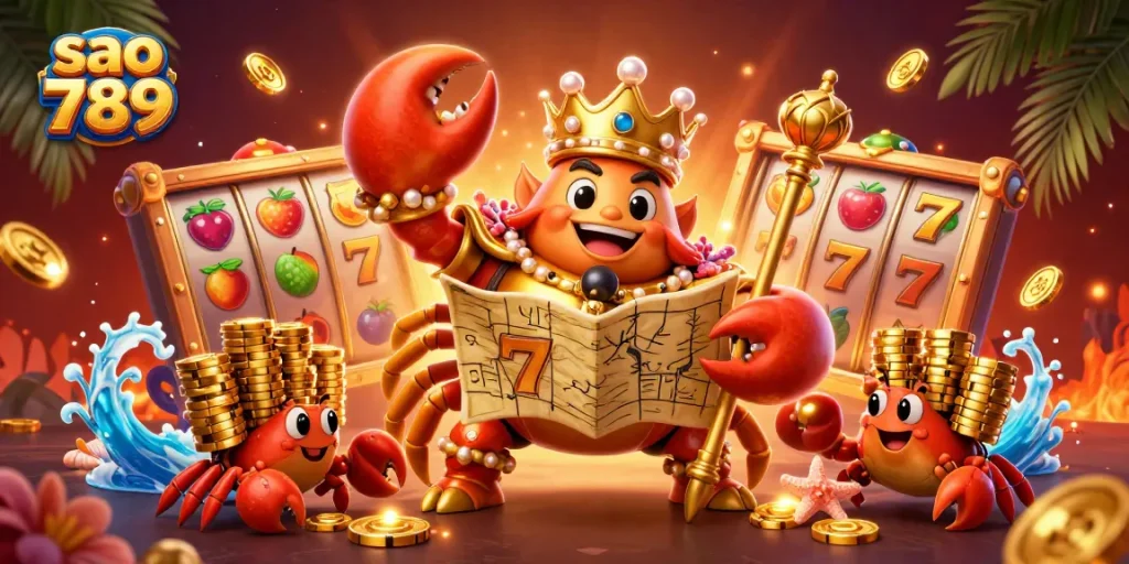 Engage with the exciting slots at sao 789 featuring a golden crab emperor amidst dynamic casino elements.