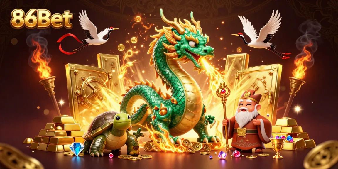 Experience the excitement of 86Bet with a dragon and treasures in this immersive casino scene.