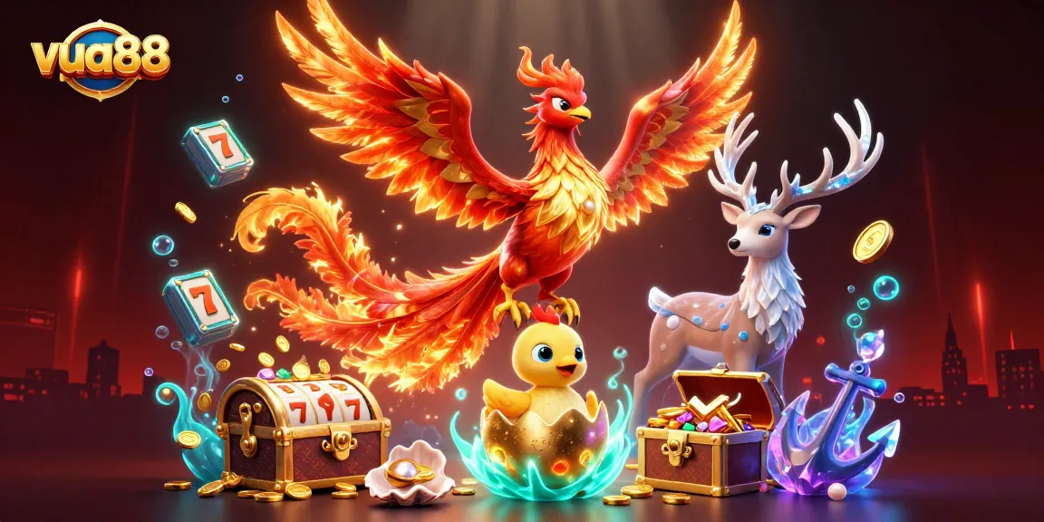 Experience exciting gameplay at vua88 with a stunning 3D casino illustration showcasing vibrant characters and classic gaming elements.