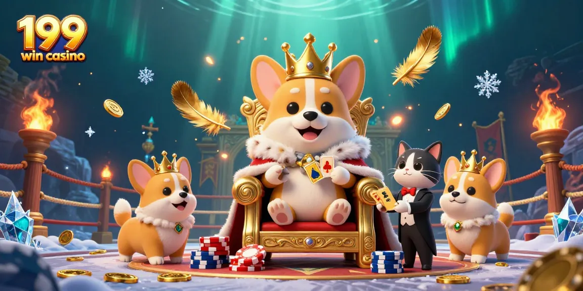 Experience the thrill of winning at 199 win casino with playful corgis and vibrant gaming elements.