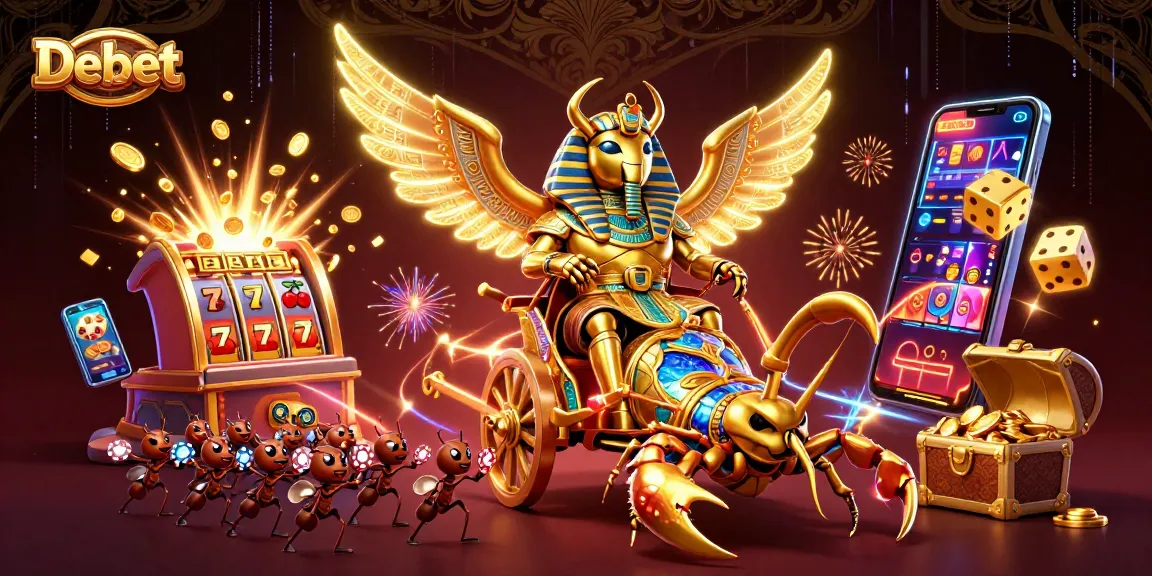 Engage with Debet and explore this vibrant casino scene featuring a golden scarab and jackpot elements.