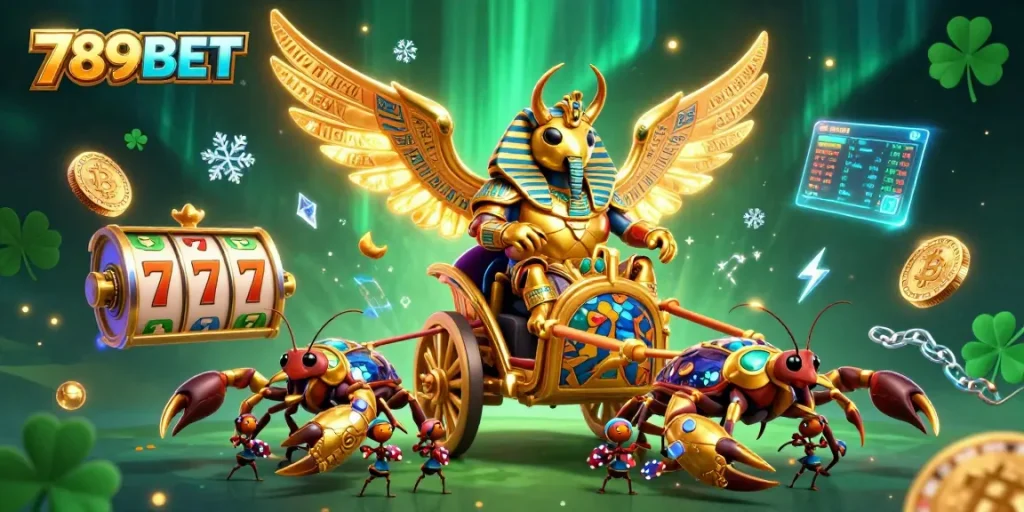 Experience the excitement of 789BET with a 3D illustration of a golden scarab beetle casino scene.