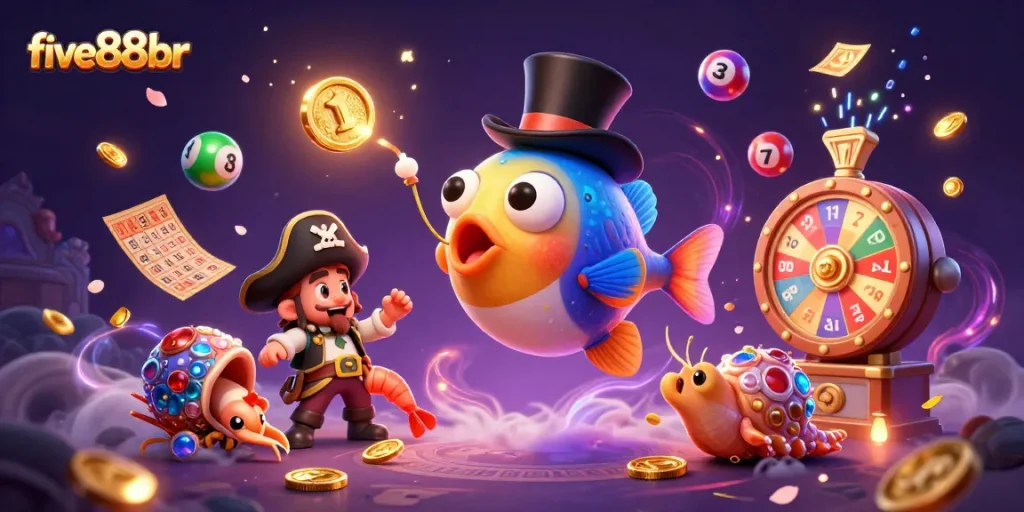 five88br showcases a vibrant lottery scene with deep-sea characters attracting gold coins amidst colorful elements.