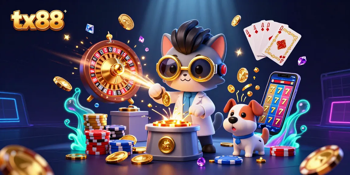Experience the excitement of tx88 with a mad scientist cat and assistant crafting golden coins among dynamic casino elements.