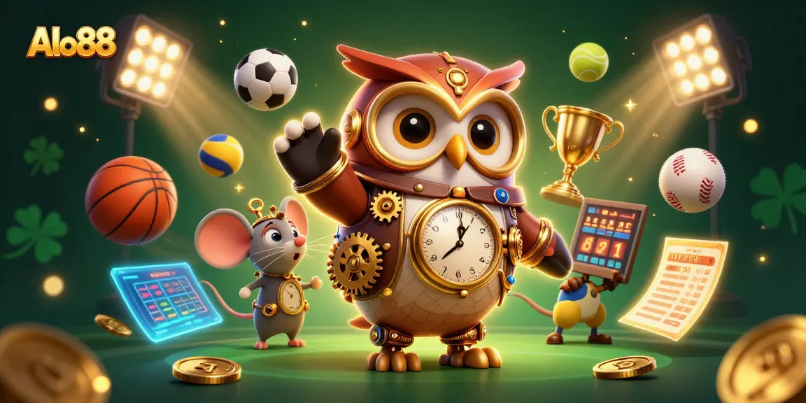 Alo88 promotes thrilling sports betting action with a steampunk owl and dynamic elements.