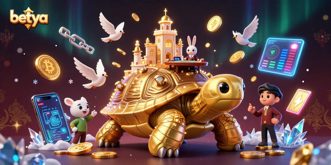Experience the excitement at betya with a golden tortoise casino and rabbit dealer amidst dazzling elements.