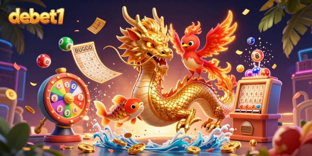 Engage with debet1 in a vibrant 3D casino scene featuring a dragon, phoenix, and koi fish.