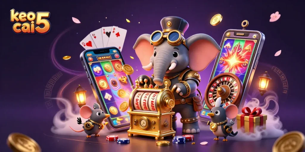 Celebrate winning strategies with keo nha cai 5, featuring a steampunk elephant and dynamic casino elements.
