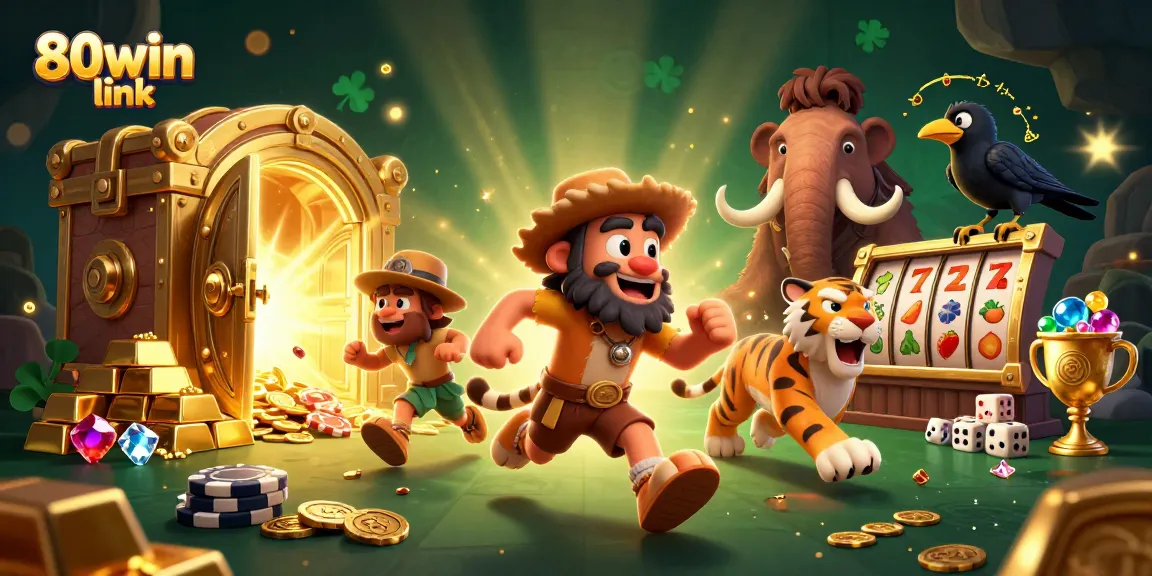 Win exciting rewards at 80win link with playful cavemen in a dynamic casino scene.