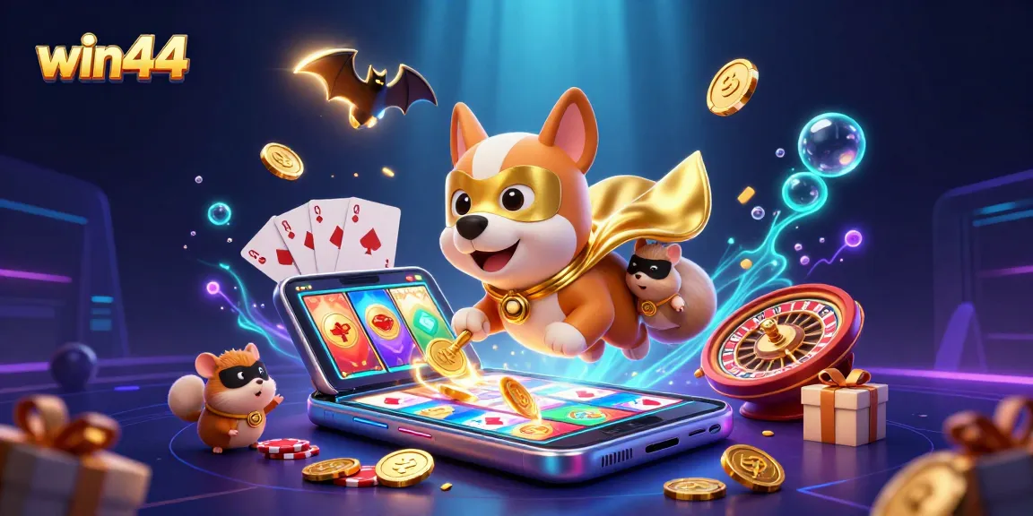 Win44 superhero dog flying with gold coins, surrounded by slots, cards, and vibrant casino elements.