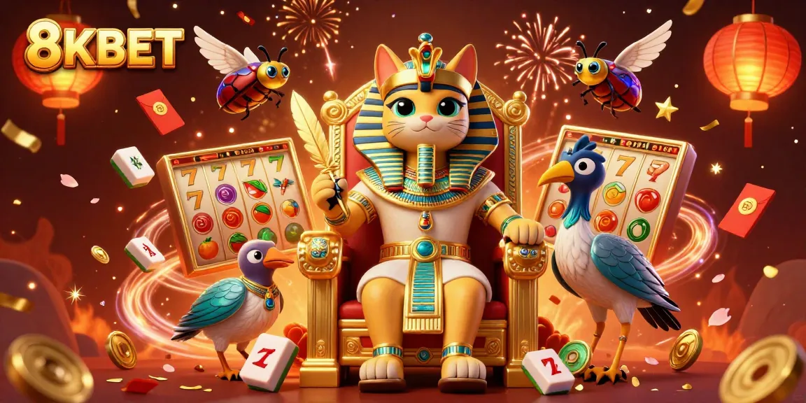 Experience the excitement of 8KBET’s casino slots, featuring dynamic pharaoh characters and vibrant game elements.