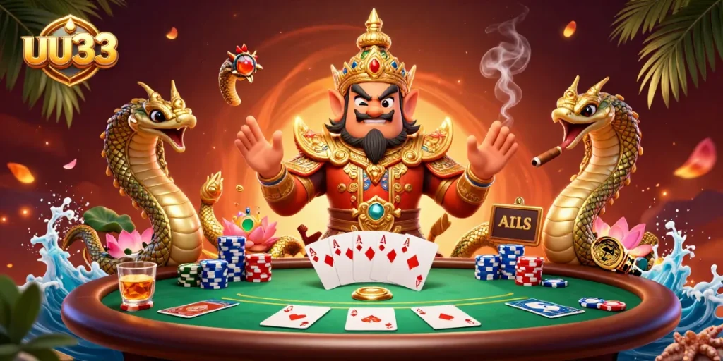 uu33 brings exciting poker energy with vibrant Thai temple guardian and Naga companions.