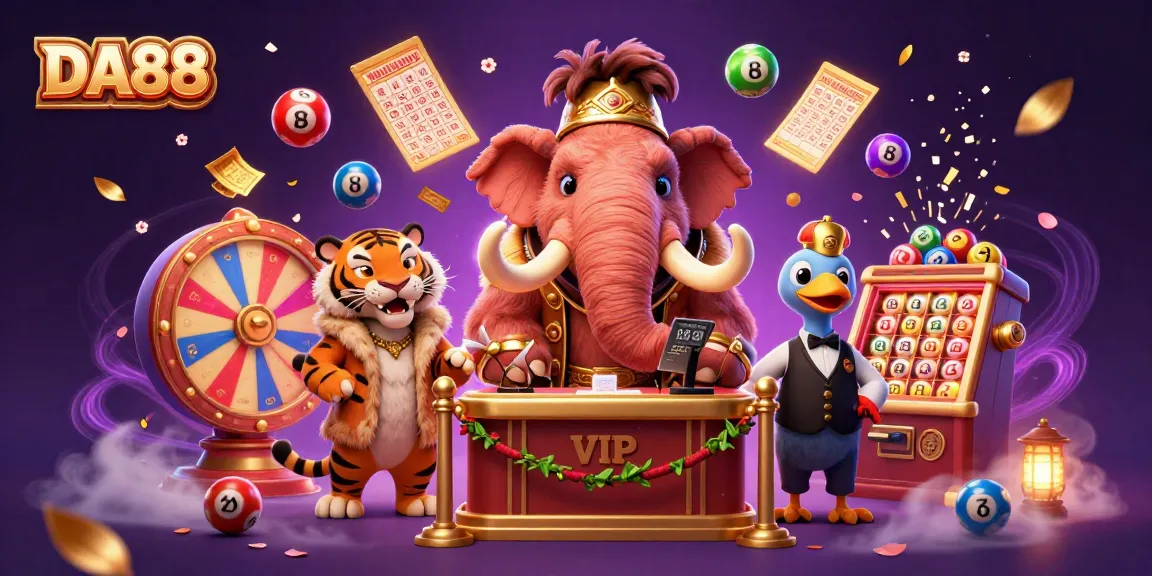 Experience the excitement of DA88 with a bouncer, VIP guest, and doorman at a lively lottery-themed casino.