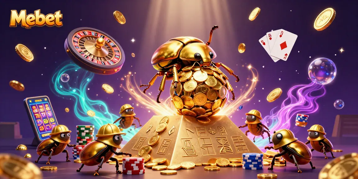 Mebet invites players to enjoy a vibrant 3D casino scene filled with gold coins and gaming elements.