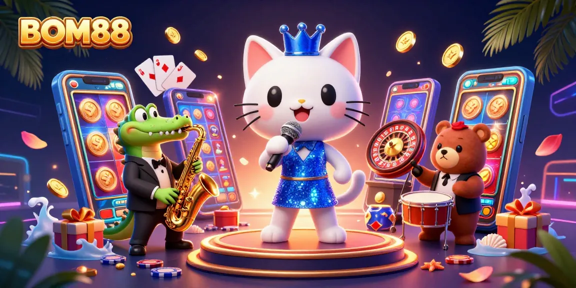 BOM88 captivates players with stunning cartoon casino illustration showcasing vibrant characters and exciting game elements.