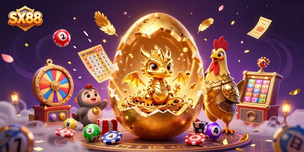 SX88 offers thrilling gambling experiences as a baby dragon emerges from a poker chip nest.