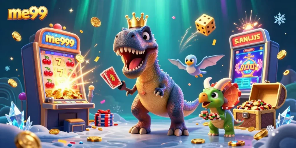 Experience the excitement of me99 with a fun T-Rex and friends enjoying casino games.