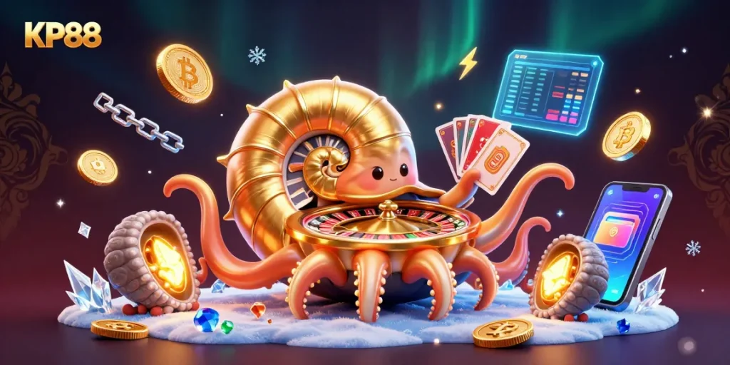 Experience thrilling gameplay at KP88 with a vibrant scene of an ancient nautilus roulette wheel surrounded by crypto elements.
