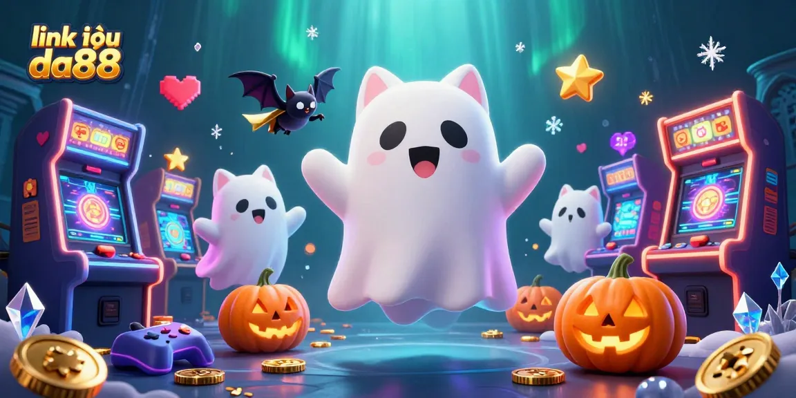 Win big with link vào da88 in this vibrant haunted casino scene, featuring a ghost cat and arcade machines.