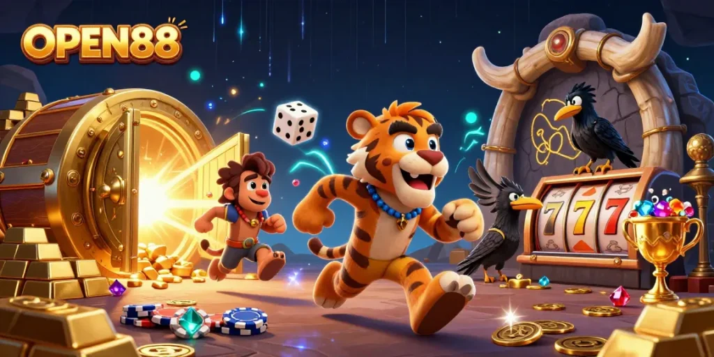 Experience the excitement of OPEN88 with a vibrant caveman-themed casino scene featuring unique gaming elements.