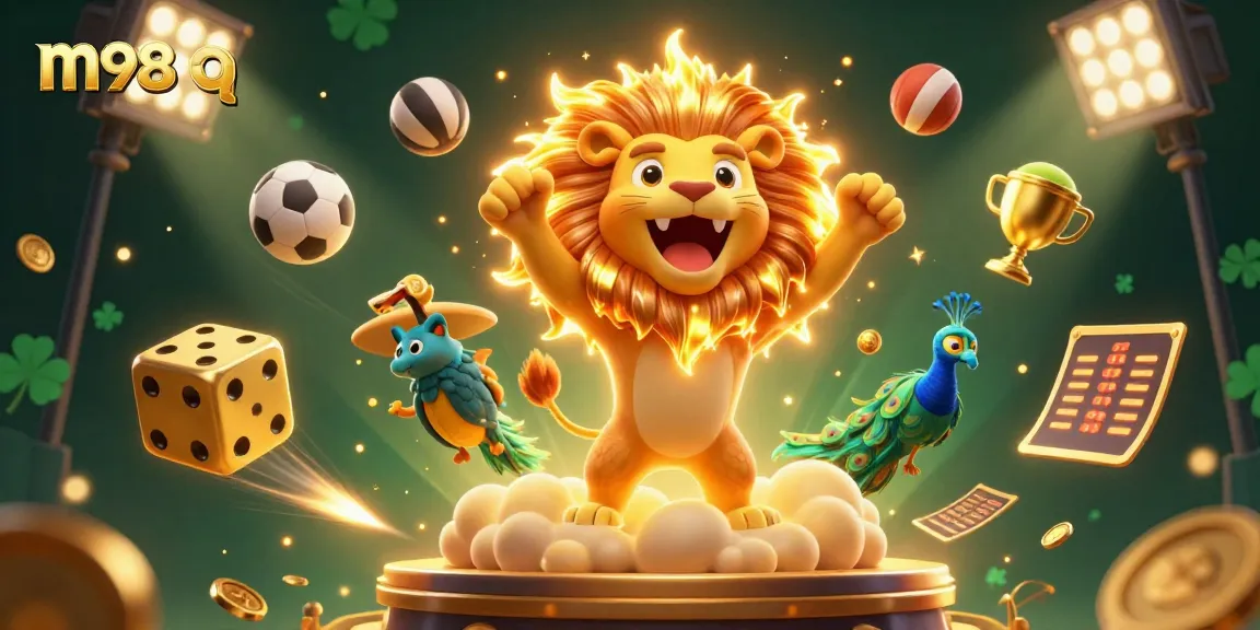 Experience thrilling moments in m98 q with a vibrant 3D illustration featuring animated casino elements