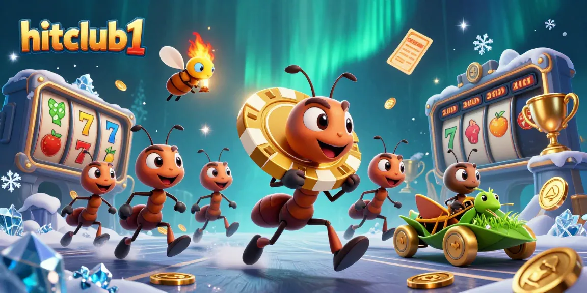Experience thrilling gameplay at hitclub1 with playful ants heisting a giant poker chip amidst vibrant slot game elements.