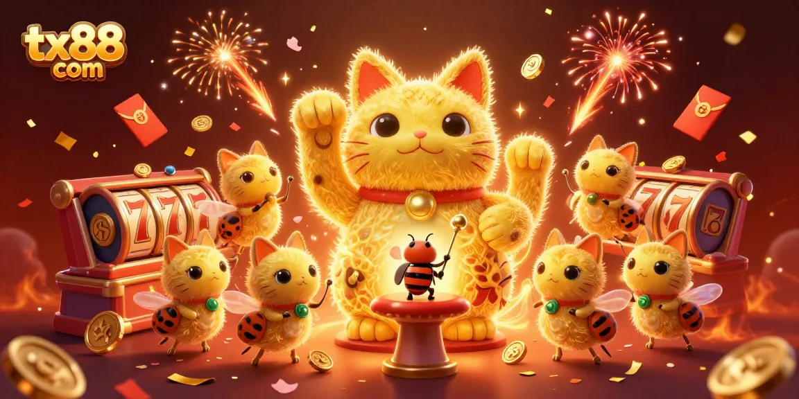 Engage with exciting gaming action at tx88 com featuring a lucky cat formed by glowing fireflies among vibrant casino symbols.