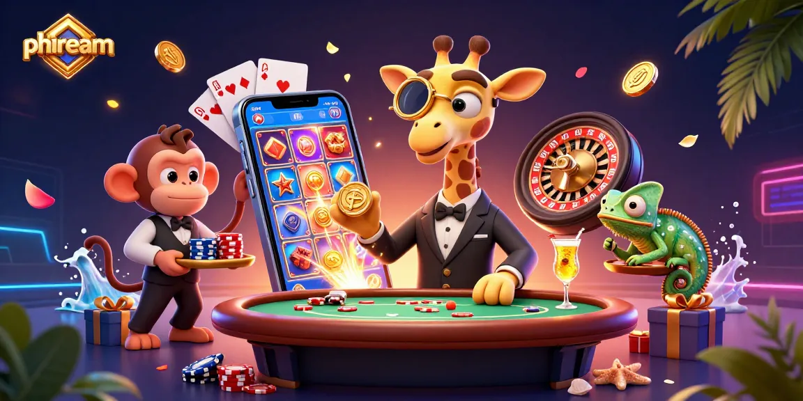 Experience the thrill of phdream with a vibrant casino scene featuring a high-roller giraffe, monkey valet, and chameleon bartender.