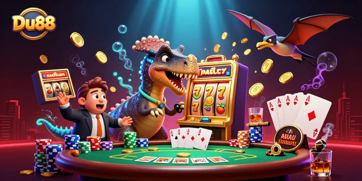 Experience Du88's thrilling jackpot excitement as dinosaurs indulge in a gaming spectacle.