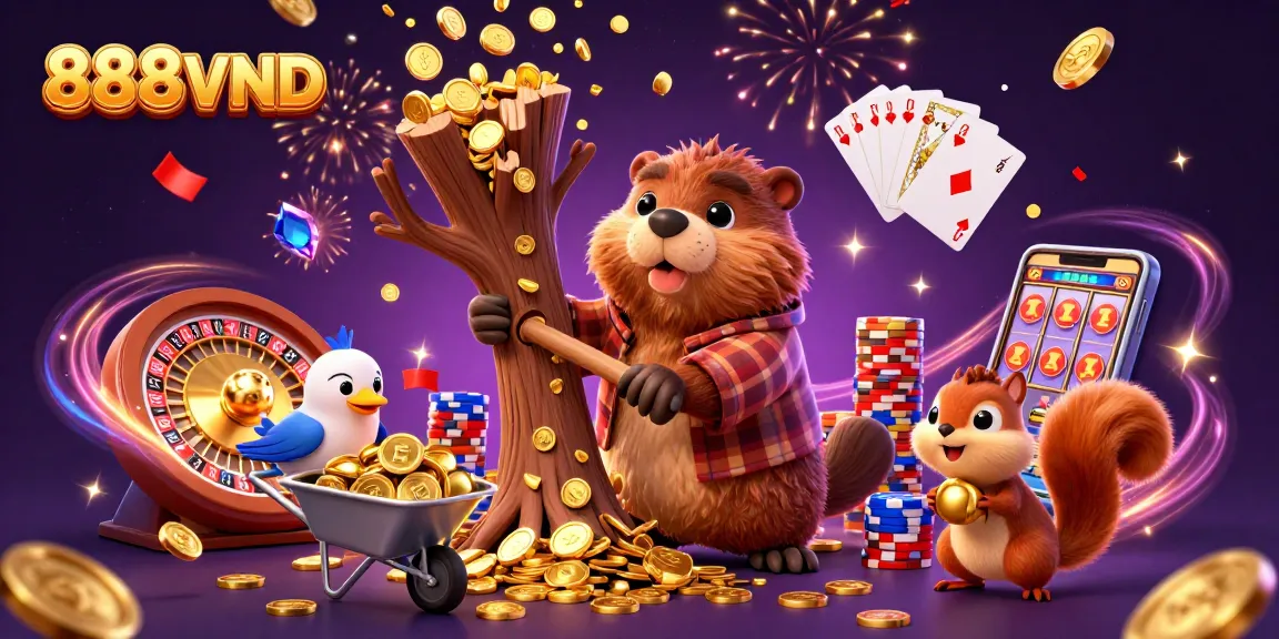 Spin the reels at 888VND while the beaver rains golden coins in an exciting casino setting.