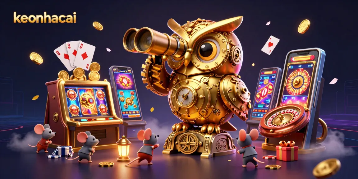 Engage with keonhacai's vibrant cartoon illustration of a golden owl and casino patrons amidst dynamic gambling elements.